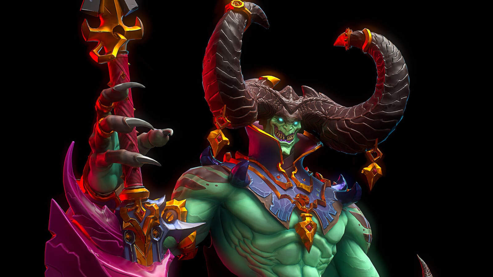 Stylized demon character with large curved horns and a pink axe, modeled and textured by Ahmed Albastaki