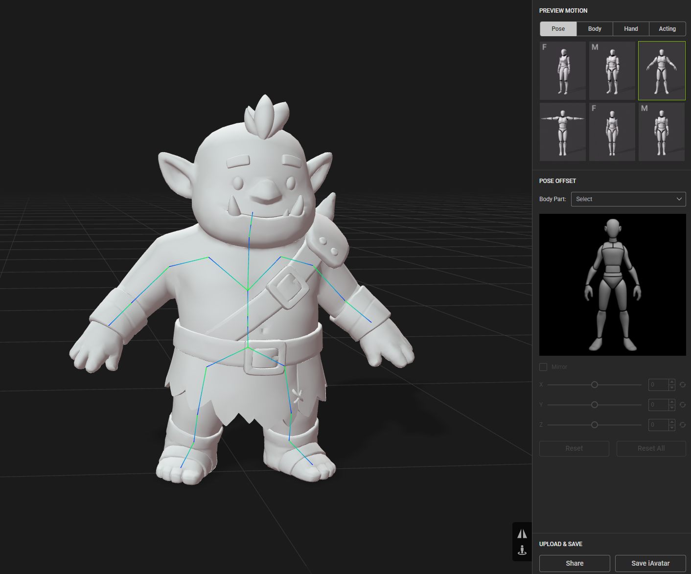 AI-generated skeleton rig on the goblin character
