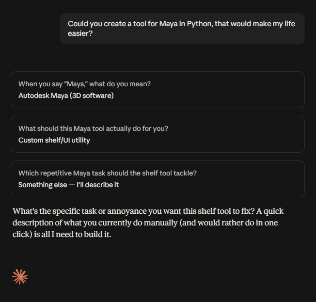 Claude scoping a custom Python shelf tool for Maya