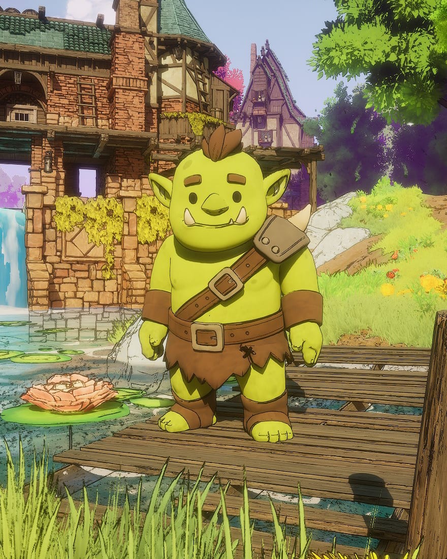 The finished goblin character playable in Unreal Engine, standing on a dock in a stylized village