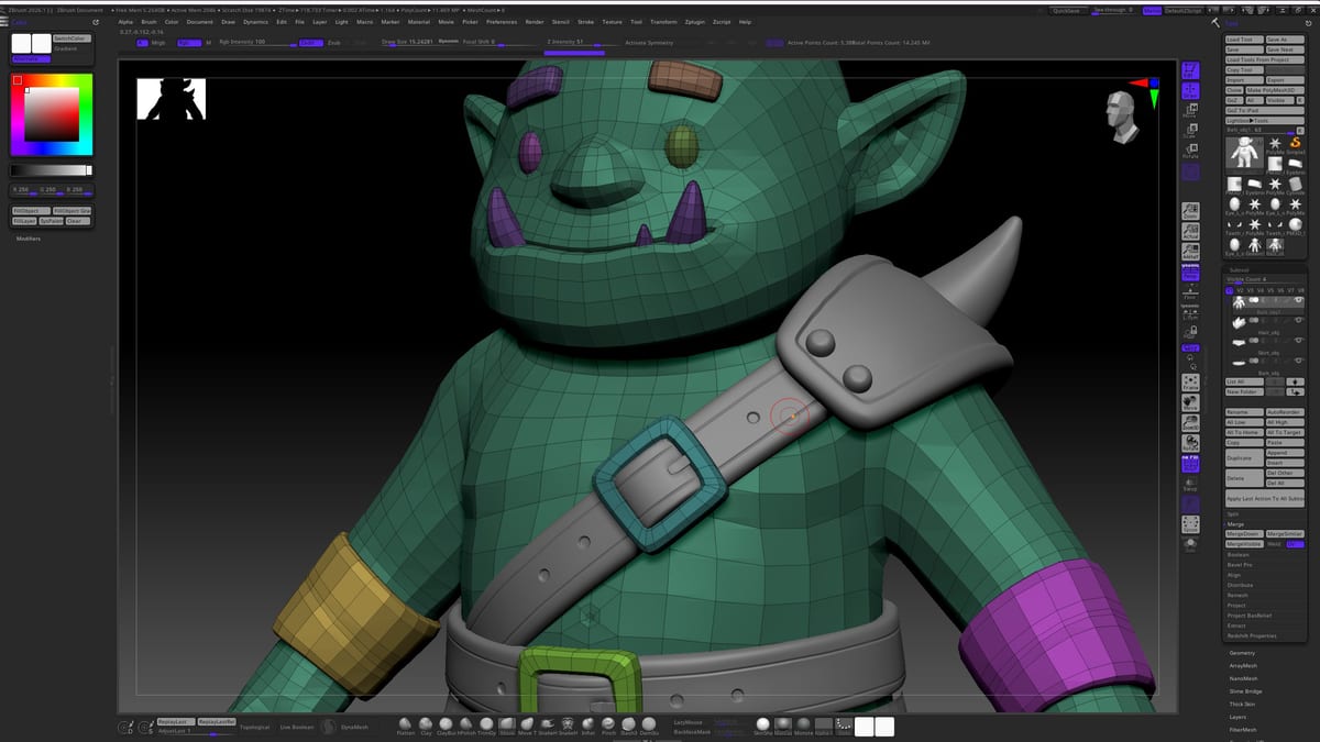Sculpting the goblin character with topology visible in ZBrush